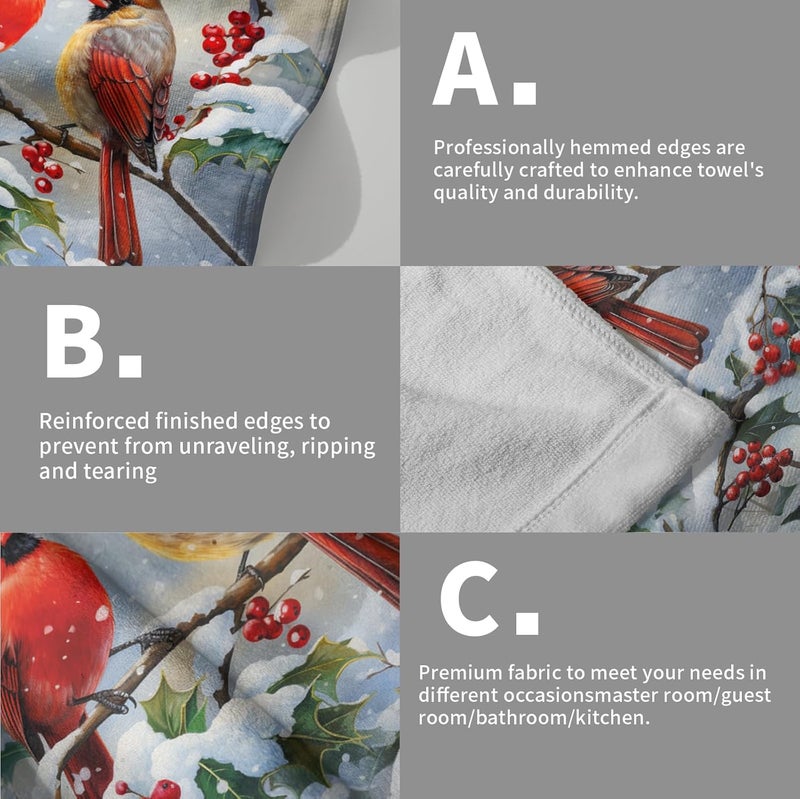 Granbey Winter Red Bird Hand Towels Pack of 2 Sweet Couple Cardinal Fingertip Towels Birds Holly Berry Branches Snow Christmas Holiday Bathroom Towels Soft Fast Drying Face Towel for Kitchen Spa Gym - Image 5